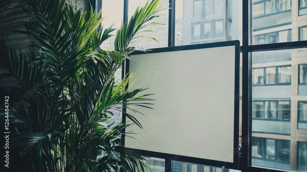 Bright indoor office space featuring a large blank screen beside lush green plants and city view