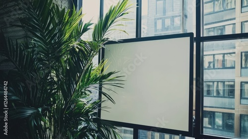 Obraz na płótnie Bright indoor office space featuring a large blank screen beside lush green plants and city view w salonie