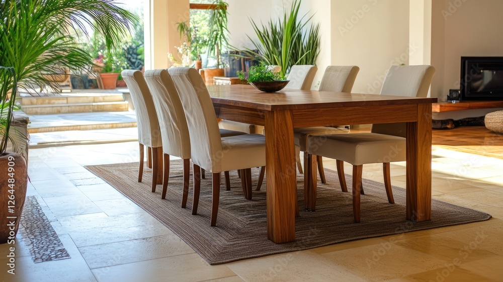 Fototapeta premium Inviting dining room with cushioned chairs and ample space for privacy