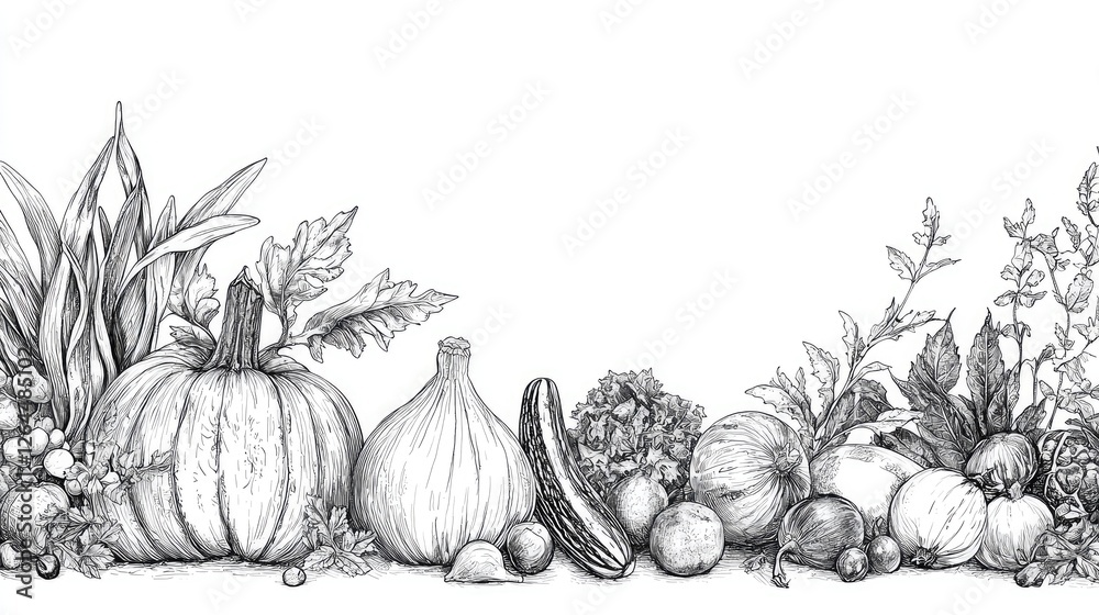 Detailed illustration of various vegetables and herbs arranged artistically on a white background