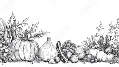 Obraz na płótnie Detailed illustration of various vegetables and herbs arranged artistically on a white background w salonie
