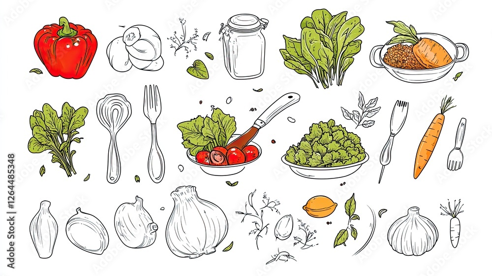 Colorful hand-drawn vegetables, kitchen utensils, and ingredients arranged artistically for culinary use