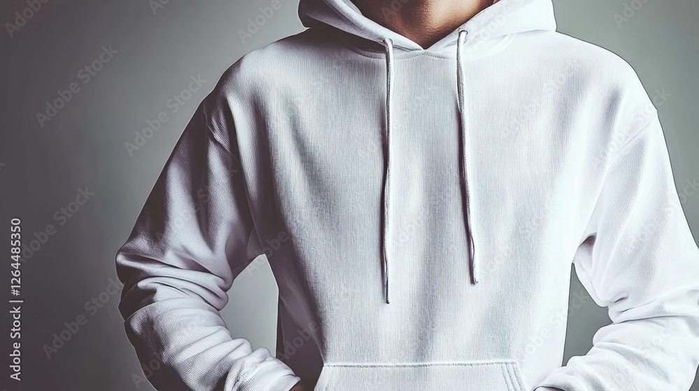 Young person wearing a white hoodie, hands in pockets, against a neutral background