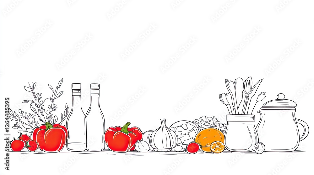 Colorful assortment of fresh vegetables and kitchenware arranged on a white background