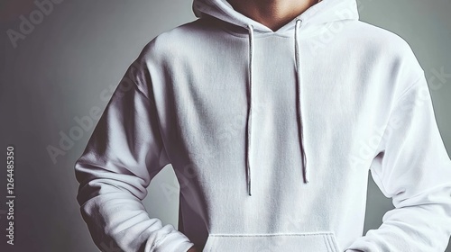Obraz na płótnie Young person wearing a white hoodie, hands in pockets, against a neutral background w salonie