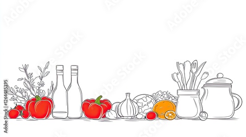 Obraz na płótnie Colorful assortment of fresh vegetables and kitchenware arranged on a white background w salonie