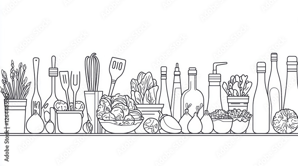 A detailed illustration of kitchen ingredients and utensils arranged on a countertop with plants