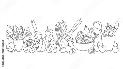 Line art illustration of various vegetables and kitchen utensils arranged on a countertop