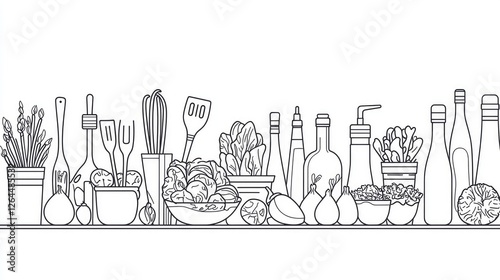 Obraz na płótnie A detailed illustration of kitchen ingredients and utensils arranged on a countertop with plants w salonie