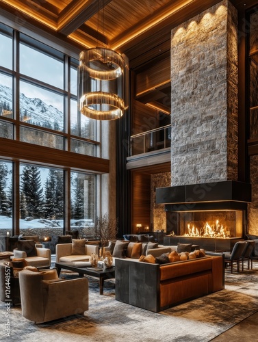 A luxurious hotel lobby featuring a fireplace and mountain view