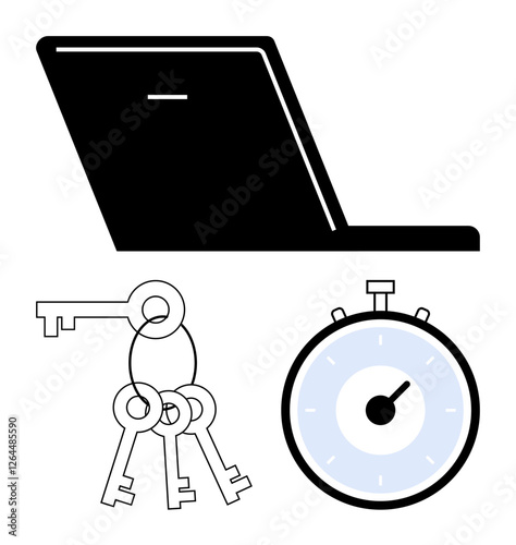 Laptop set of keys and stopwatch. Ideal for security, efficiency, organization, productivity, technology, access control, time management. Line metaphor