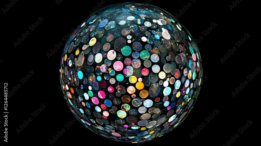Colorful spherical composition of various circular patterns against a black background