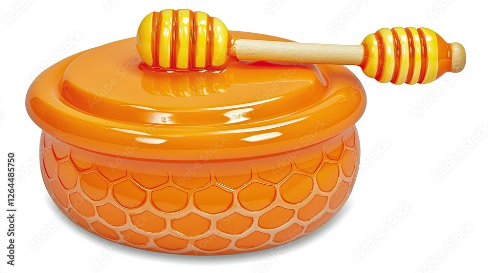 Brightly colored honey jar with a honey dipper, showcasing a vibrant design and texture