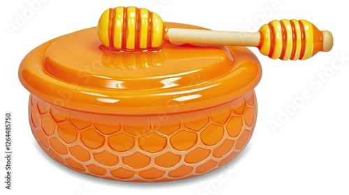 Obraz na płótnie Brightly colored honey jar with a honey dipper, showcasing a vibrant design and texture w salonie