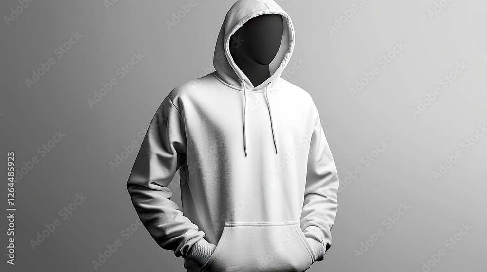 A minimalist display of a white hoodie on a mannequin against a neutral background