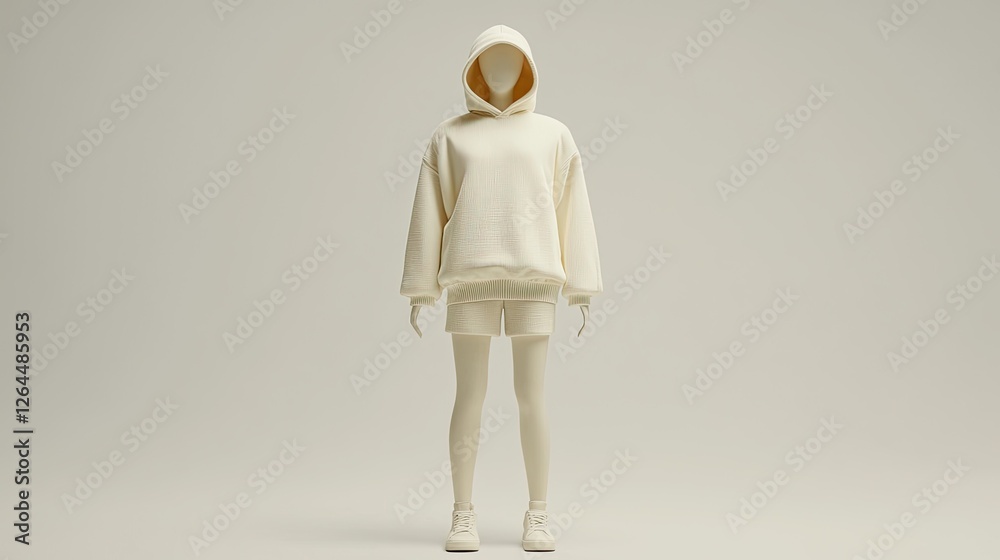 Minimalist fashion display featuring a mannequin in a white hoodie and shorts against a plain backdrop