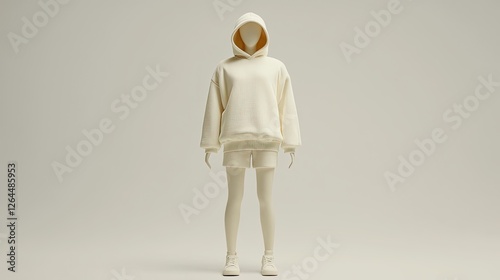 Obraz na płótnie Minimalist fashion display featuring a mannequin in a white hoodie and shorts against a plain backdrop w salonie