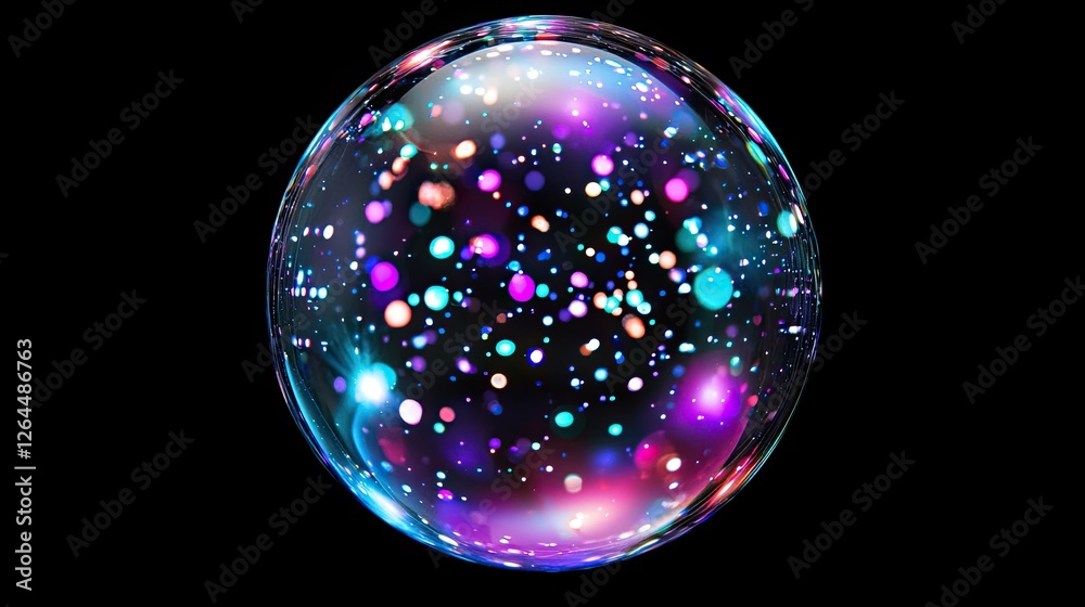 Colorful abstract bubble with vibrant particles floating in a dark background, creating a magical effect