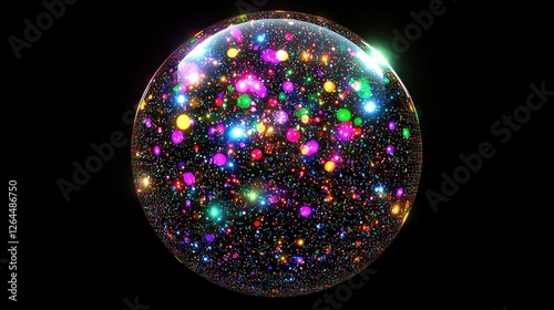 Colorful spherical bubble filled with vibrant stars and light reflections against a dark background
