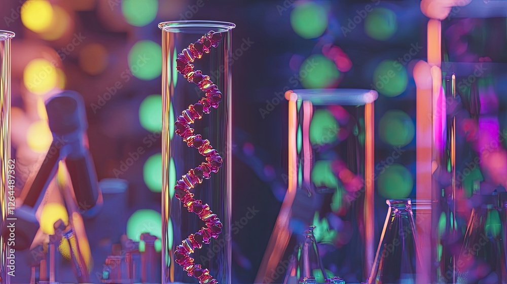 Colorful laboratory scene with glass test tubes and a DNA helix against a blurred bokeh background