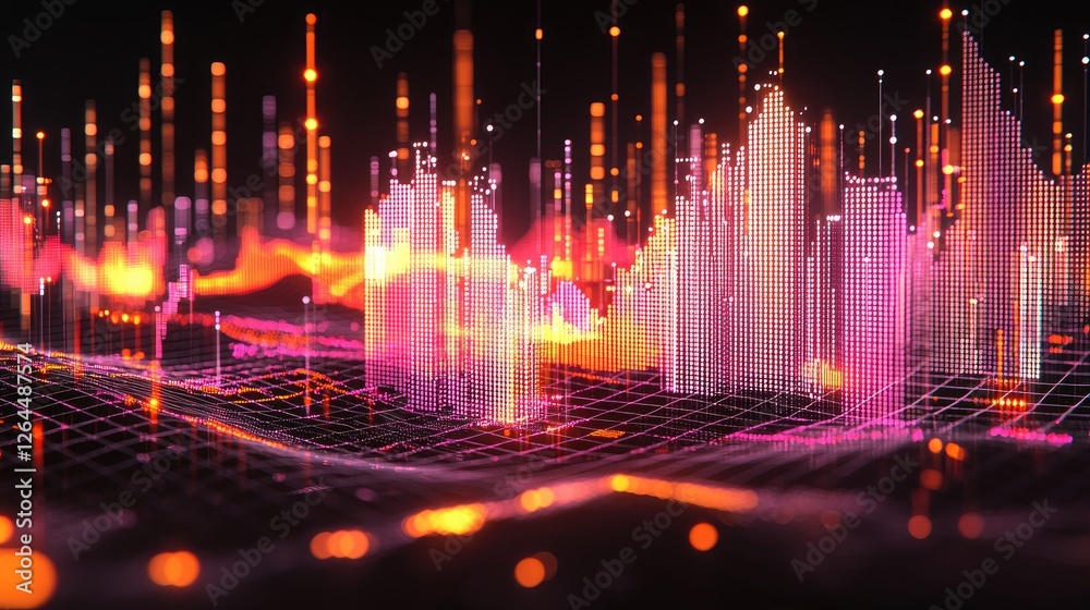 Abstract visualization of vibrant sound waves with glowing peaks and a dark background
