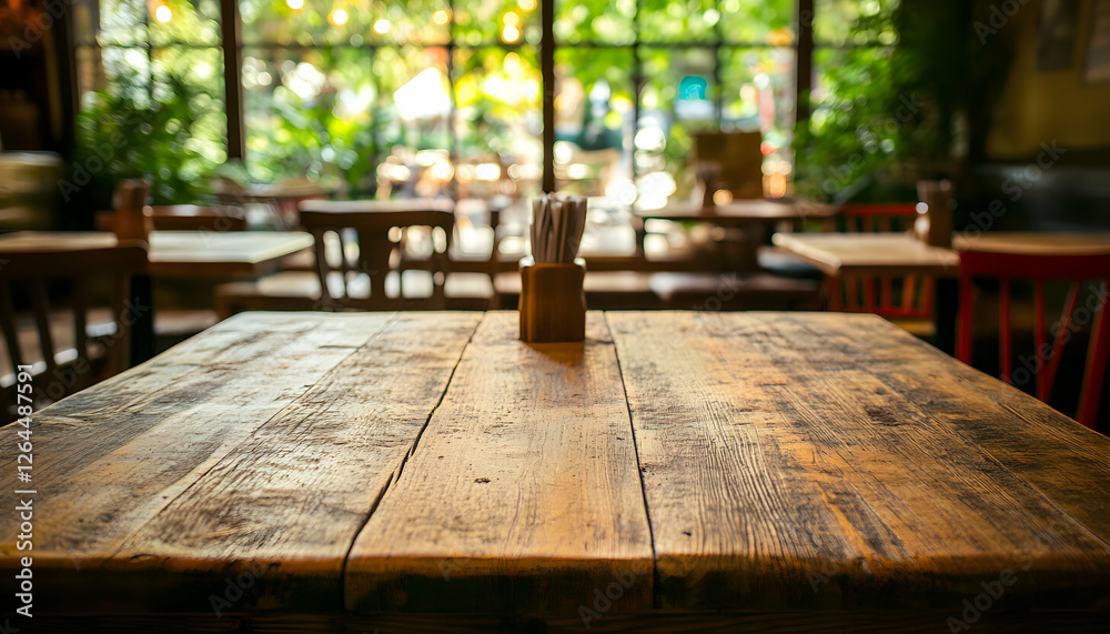 Rustic wooden table in a charming cafe setting, perfect for showcasing food or drink products. Blurred background of other tables and greenery. Rustic wooden table in a charming cafe setting, perfect for showcasing food or drink products. Blurred background of other tables and greenery.