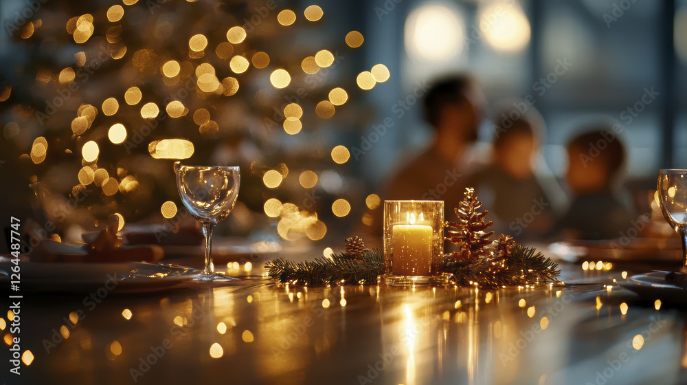 Fototapeta premium cozy Christmas table setting with candles, glasses, and festive decorations, creating warm atmosphere for family gatherings