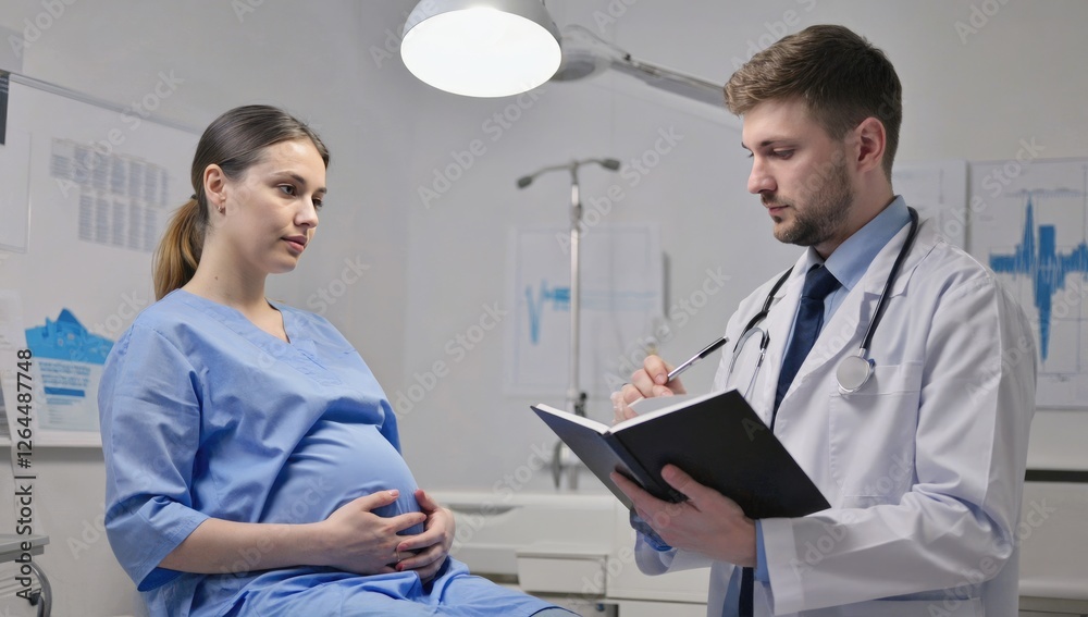 Doctor's Consultation: A pregnant woman sits attentively as her doctor carefully reviews her medical chart, showcasing a compassionate and professional healthcare interaction. Doctor's Consultation: A pregnant woman sits attentively as her doctor carefully reviews her medical chart, showcasing a compassionate and professional healthcare interaction.