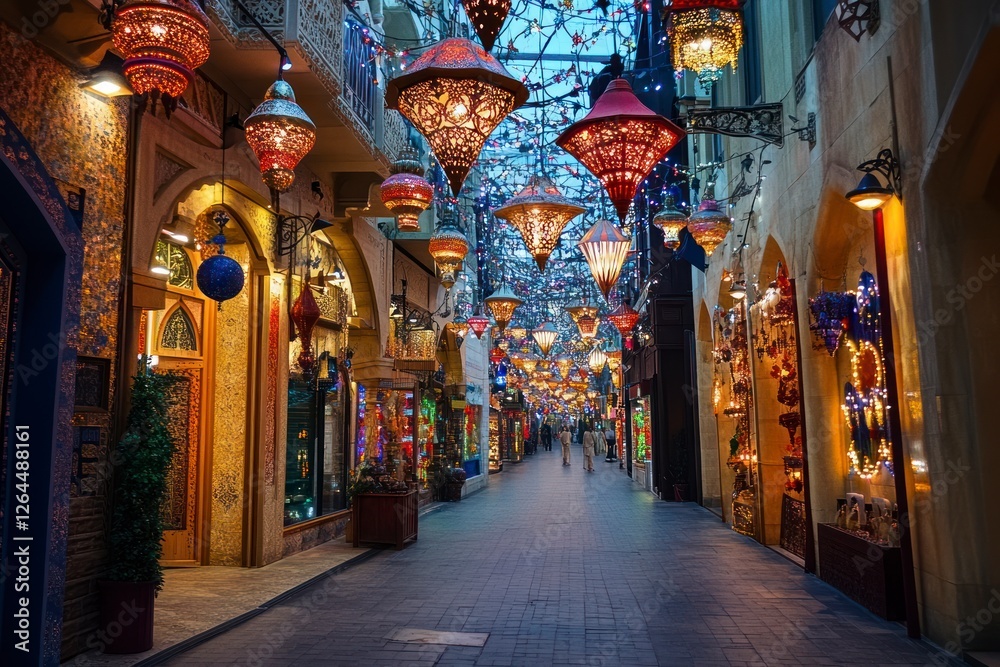 Obraz premium Enchanting Arabian Night Market Street with Hanging Lanterns