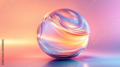 Abstract transparent glass liquid sphere with shifting lines on a gradient background, 3D rendering illustration of futuristic abstract shape with holographic element.