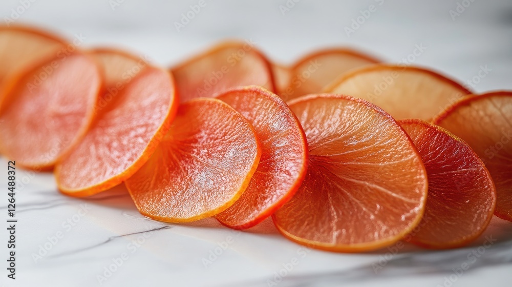 A high-resolution photo of sliced  on a kitchen countertop, showcasing the translucent layers and rich color against a clean, neutral background.