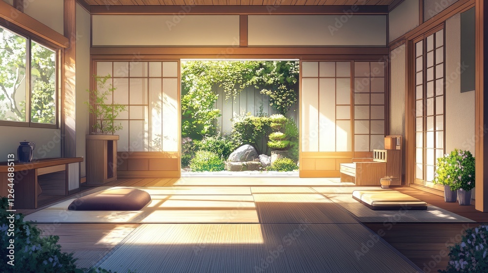 Fototapeta premium A high-resolution photo of the interior of a Japanese house, showcasing tatami mats, low wooden furniture, and a minimalist aesthetic with sliding doors and natural light.