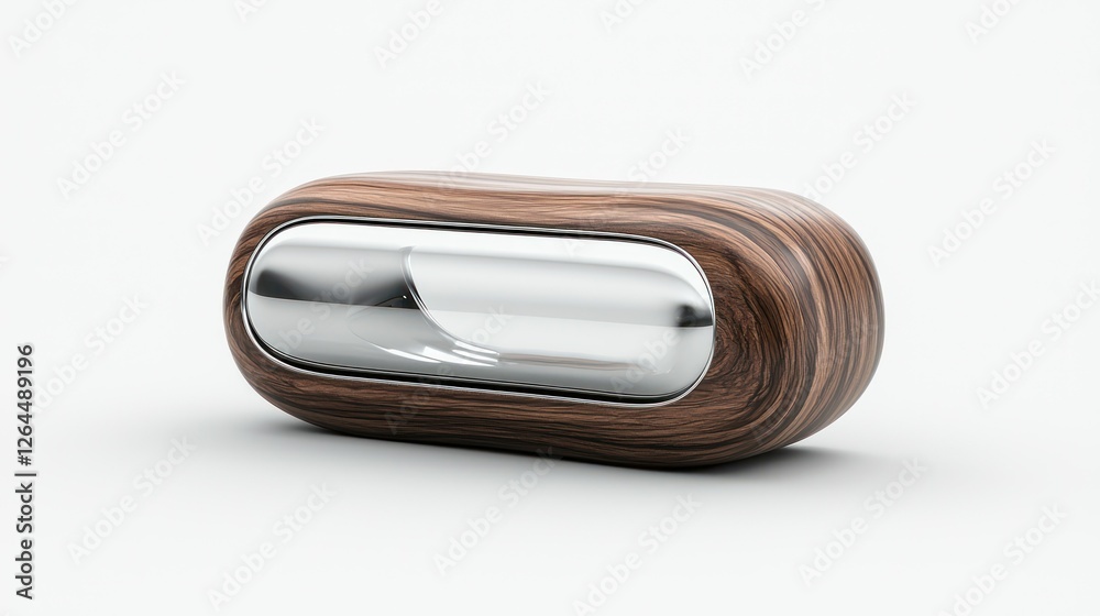 Sleek Walnut and Chrome Capsule: A captivating image showcasing a modern, minimalist design of a capsule-shaped object crafted from rich walnut wood and polished chrome. Sleek Walnut and Chrome Capsule: A captivating image showcasing a modern, minimalist design of a capsule-shaped object crafted from rich walnut wood and polished chrome.