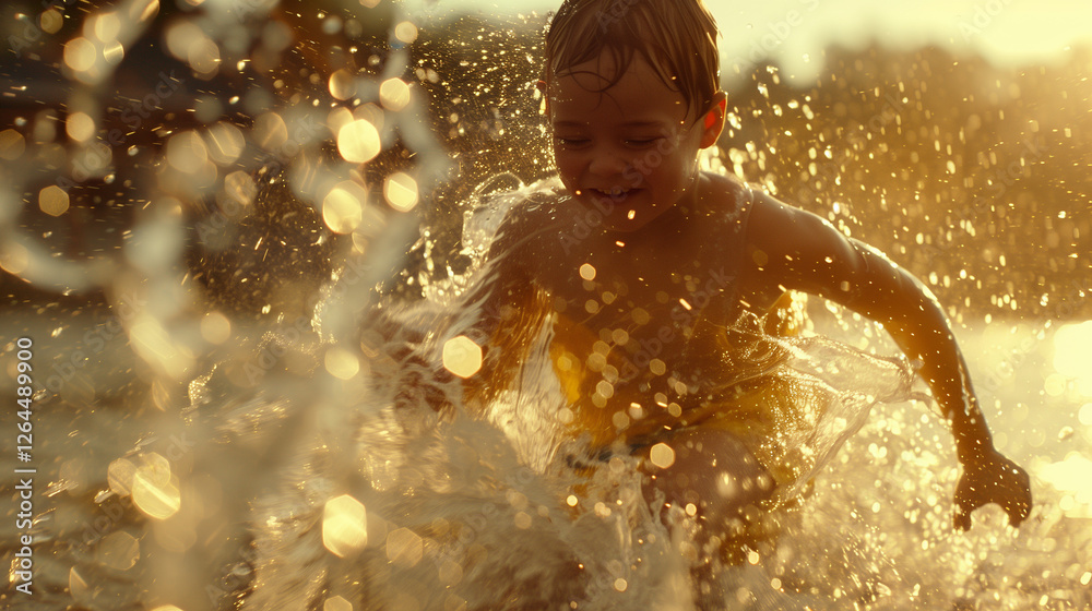 Obraz premium A child running joyfully through a spray of water on a warm summer day, their face glowing with pure happiness, capturing the carefree essence of childhood.