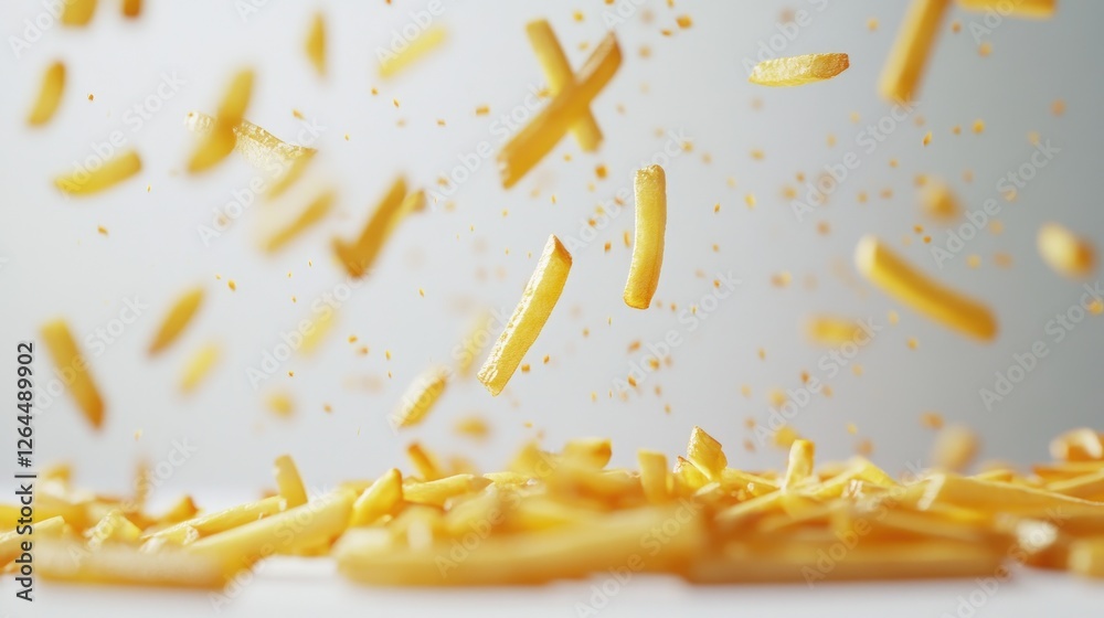 Obraz premium A playful shot of being scattered across a white surface, with a focus on the crispiness and golden color of the fries against the plain background.
