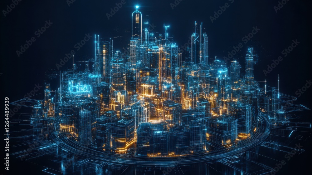Naklejka premium Futuristic city building. High neon cityscape, abstract night downtown panorama. Digital smart town, 3d modern property recent vector concept