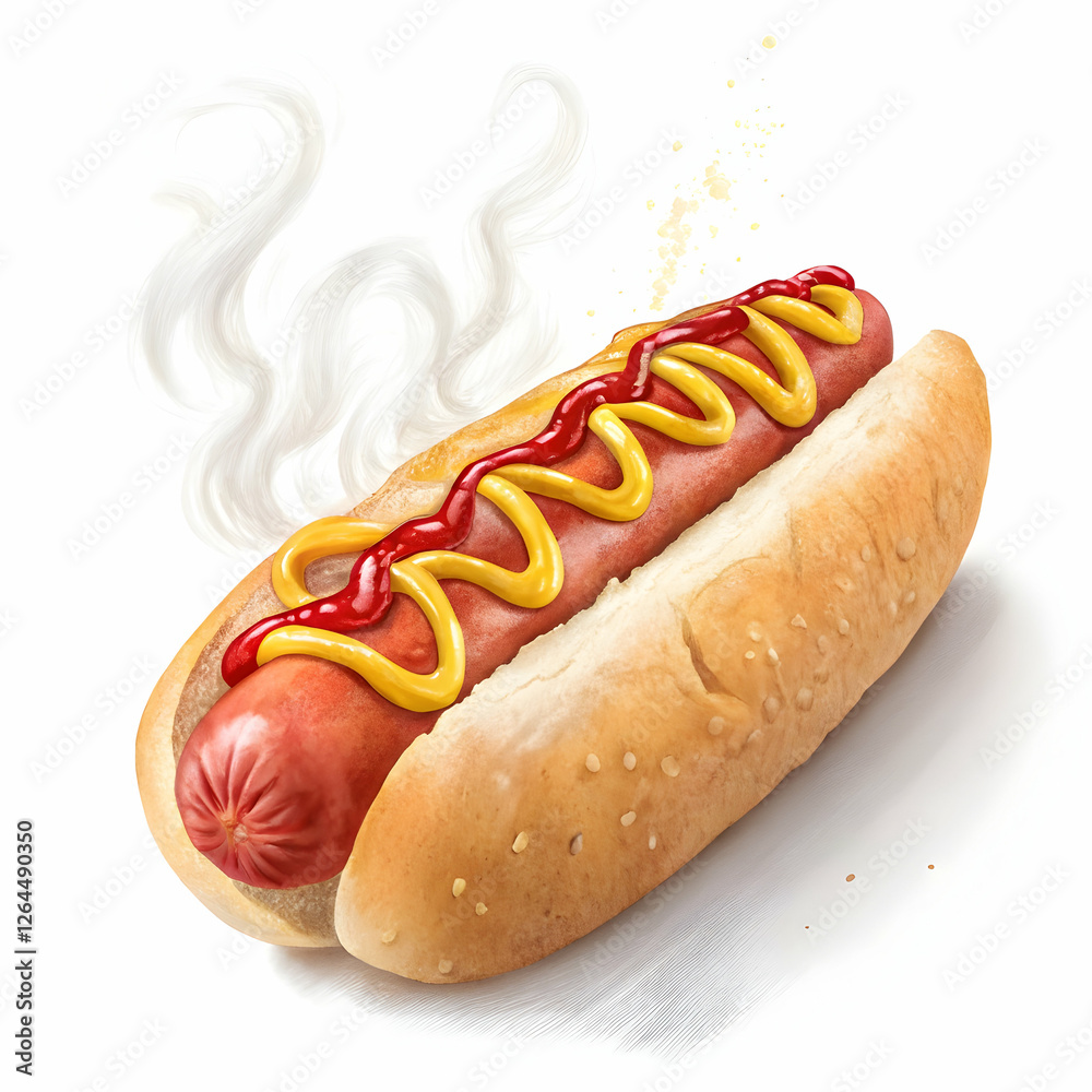 Classic hot dog with ketchup and mustard, tasty street food favorite on a white background Classic hot dog with ketchup and mustard, tasty street food favorite on a white background