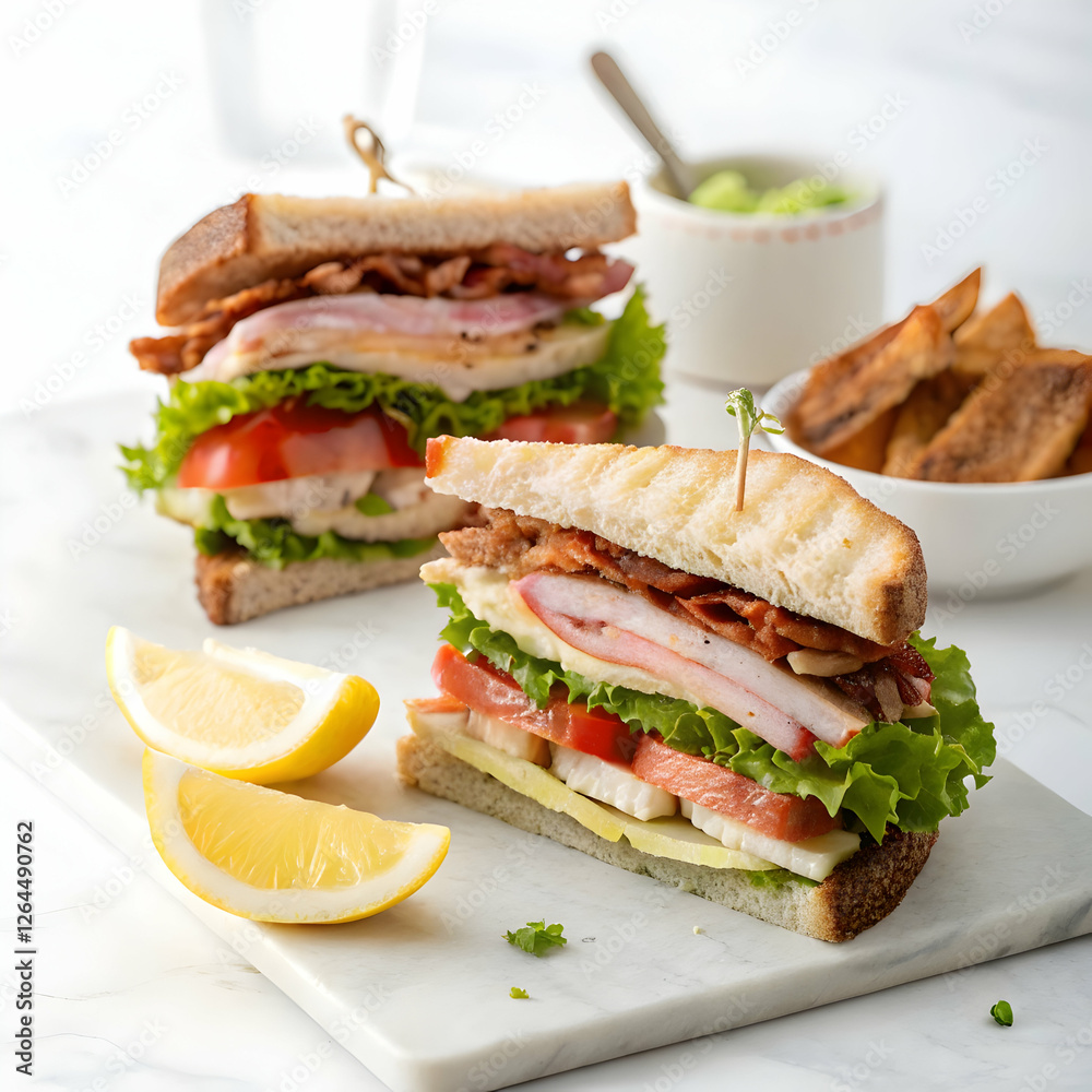 Classic club sandwich slice layers of fresh ingredients on a white background Classic club sandwich slice layers of fresh ingredients on a white background