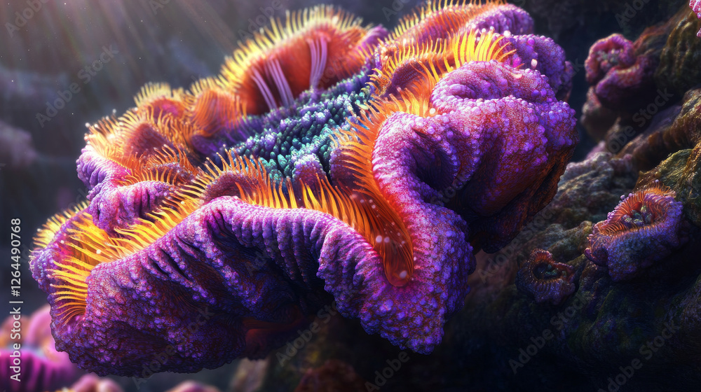 Fototapeta premium Fantasy flowers, trees, and mushrooms from alien world or planet. Vector cartoon set of fantastic plants with dripping slime, teeth, and eyes. Unusual fungus and grass with mystic glow