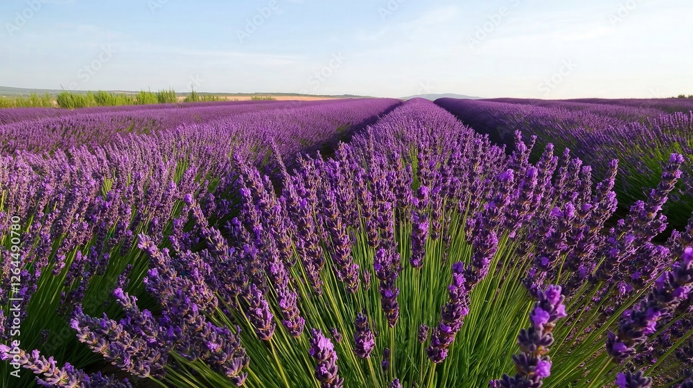 Fototapeta premium A close-up of vibrant lavender rows in full bloom under a clear blue sky, emphasizing the natural beauty and rich purple hues
