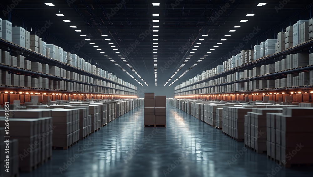 Obraz premium Warehouse interior, stacked boxes, illuminated, perspective