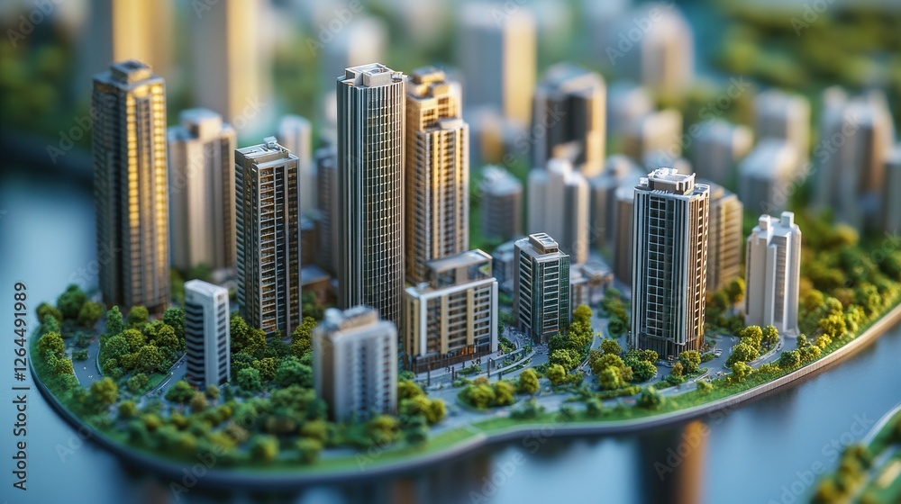 Fototapeta premium A detailed miniature model of a modern cityscape with various buildings and greenery, showcasing urban planning and architecture.
