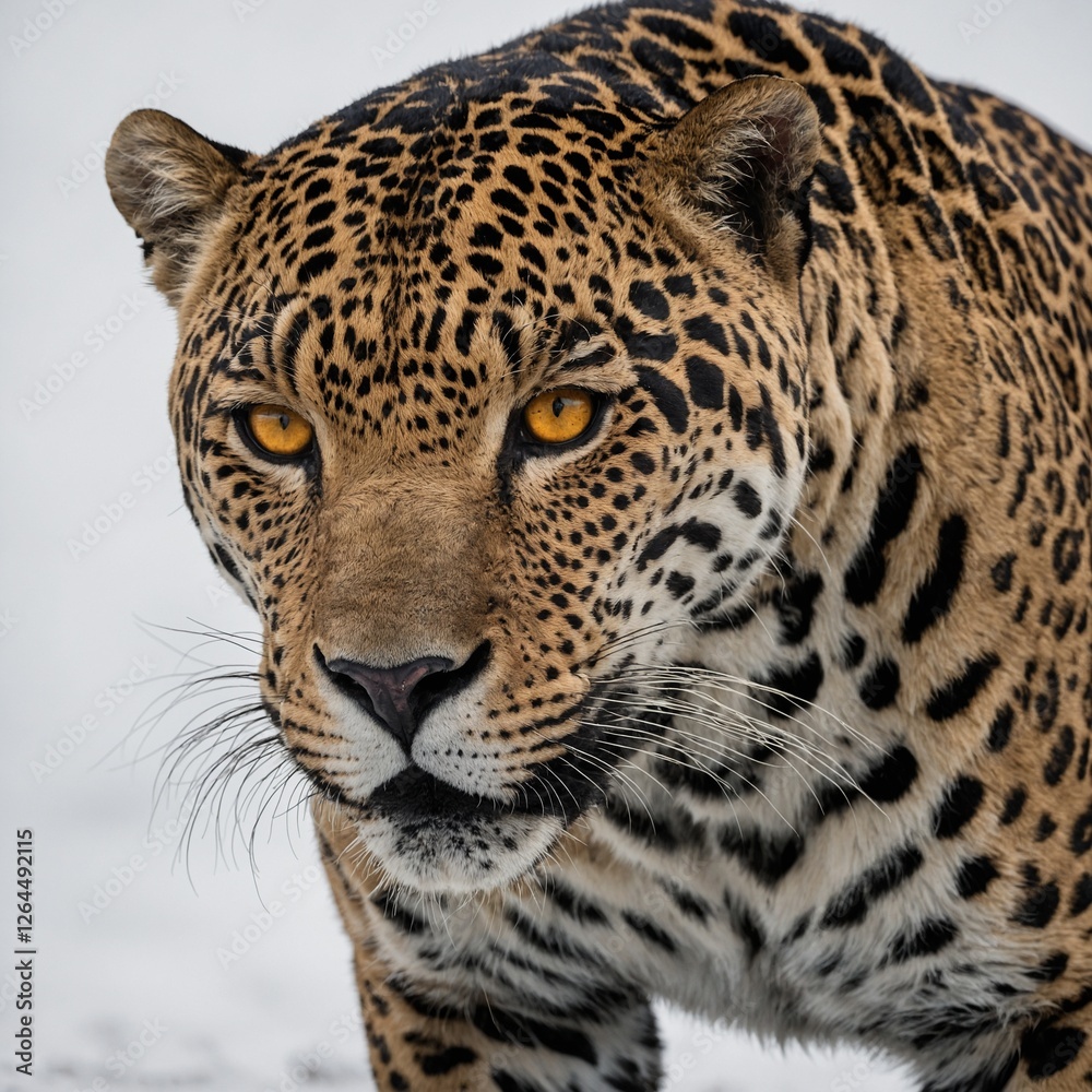 Fototapeta premium A muscular, powerful jaguar prowling forward, its golden eyes glowing against a white backdrop.