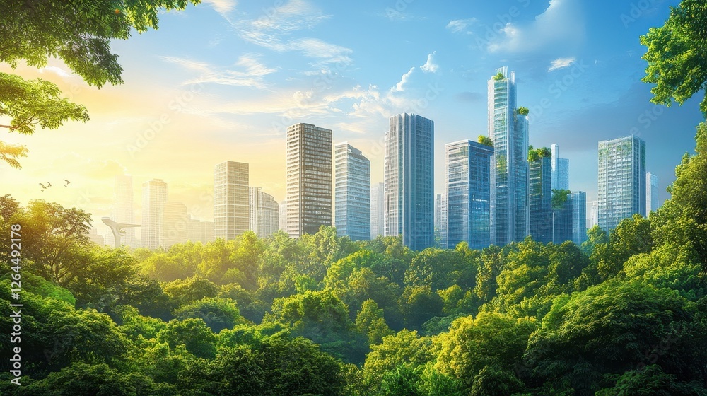Fototapeta premium Illustration of a green cityscape with modern skyscrapers, lush trees, and environmental conservation elements, representing urban sustainability.
