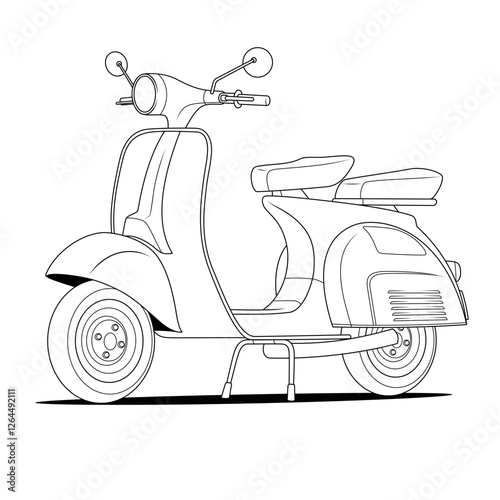 a black and white vector illustration of a classic scooter with two seats, mirrors, and detailed line work, showcasing its retro design and mechanical features