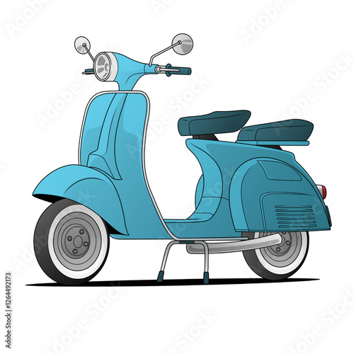 vector image of a classic blue scooter with a retro design, featuring a single headlight, mirrors, and a comfortable seat, highlighting its vintage charm and timeless appeal