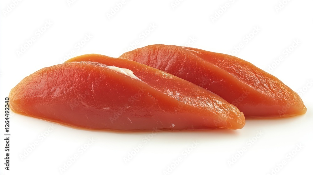 Two Slices of Turkey Breast: Two neatly arranged slices of succulent turkey breast, showcasing its pinkish-red hue and tender texture, ideal for culinary applications or healthy meal preparation. Two Slices of Turkey Breast: Two neatly arranged slices of succulent turkey breast, showcasing its pinkish-red hue and tender texture, ideal for culinary applications or healthy meal preparation.