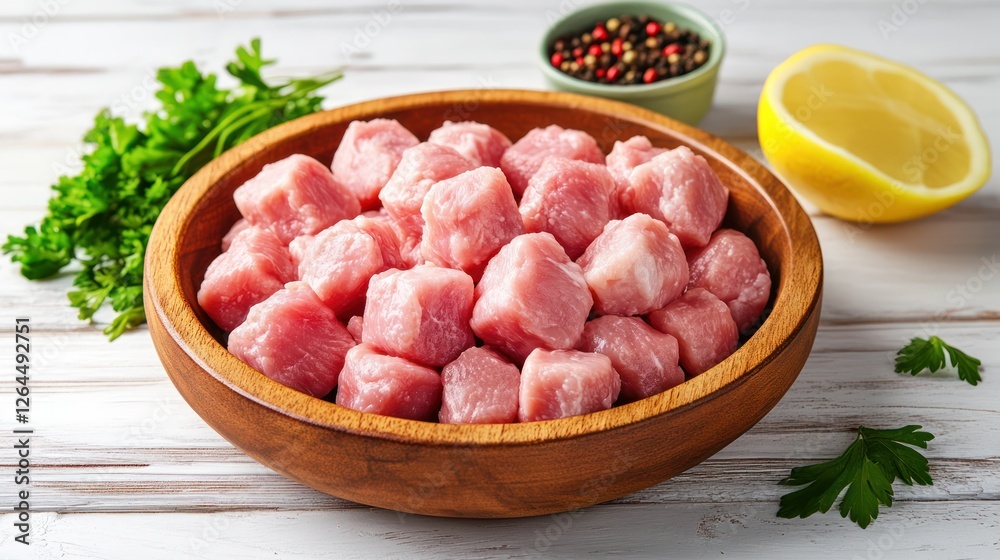 Fresh Pork Cubes: A close-up view of fresh pork cubes, diced and ready for cooking, arranged in a wooden bowl on a white rustic backdrop. Fresh parsley, lemon wedges.