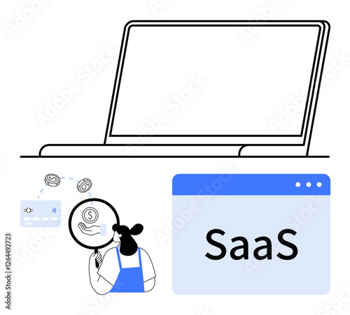 Laptop screen, person analyzing data with magnifying glass, SaaS text window. Ideal for software services, online platforms, digital tools, business management, cloud computing, data analysis