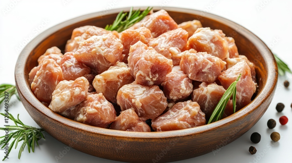 Fresh Pork Cubes: A close-up shot of raw, diced pork cubes arranged in a rustic wooden bowl. The glistening meat is accented with fresh rosemary sprigs and colorful peppercorns. Fresh Pork Cubes: A close-up shot of raw, diced pork cubes arranged in a rustic wooden bowl. The glistening meat is accented with fresh rosemary sprigs and colorful peppercorns.